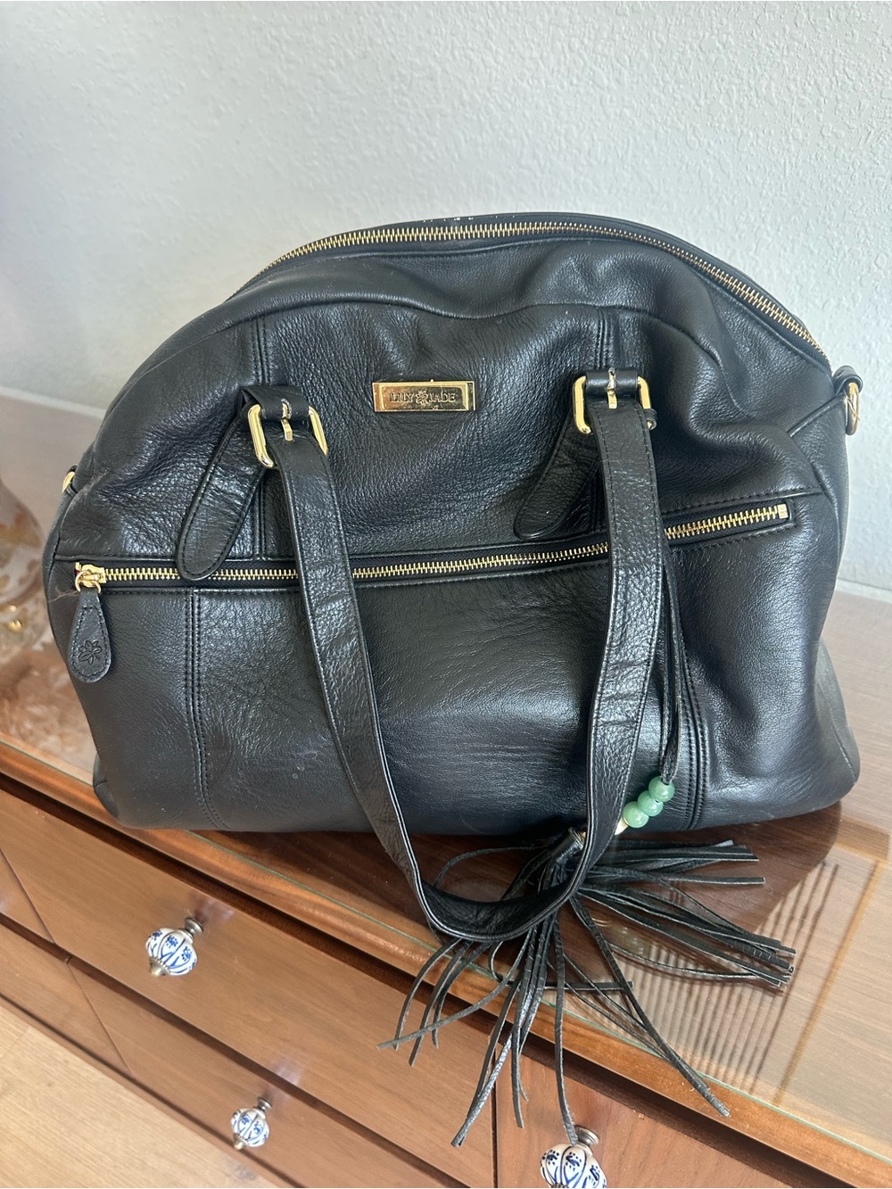 Lily Jade Black Leather Diaper Bag / Weekender Tote Gold Hardware Tassel